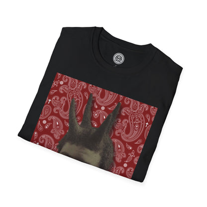 Close up of Black Tee Red Paisley background with Printed Portrait of Tribesman with African Wicks
