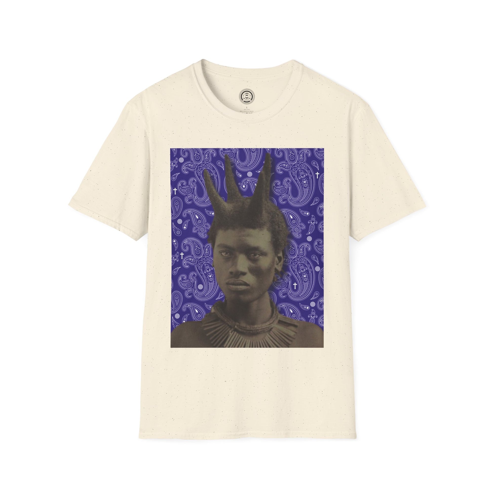 Front TShirt Ivory Printed Portrait of African Tribesmen with Wick over Blue Paisley Background