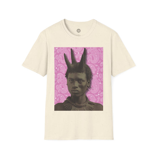 Front Ivory T-Shirt with Printed portrait of tribesman with wicks on a pink paisley background