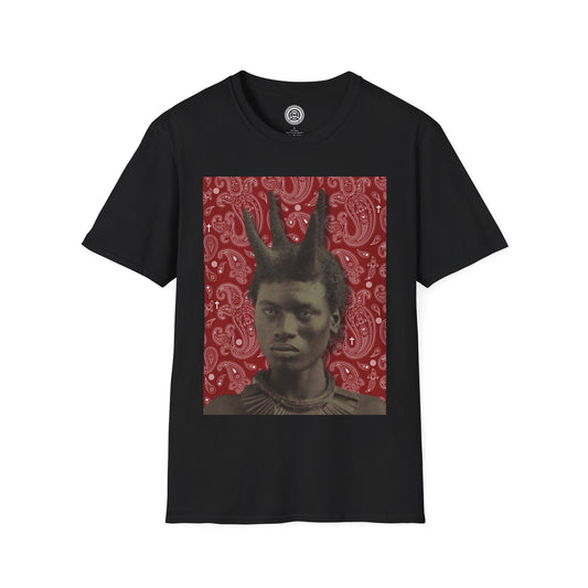 Front Black T-Shirt with Printed portrait of tribesman with wicks on a red paisley background