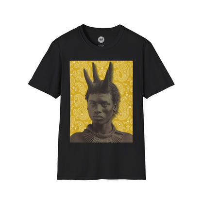 Front Black T-Shirt with Printed portrait of tribesman with wicks on a yellow paisley background